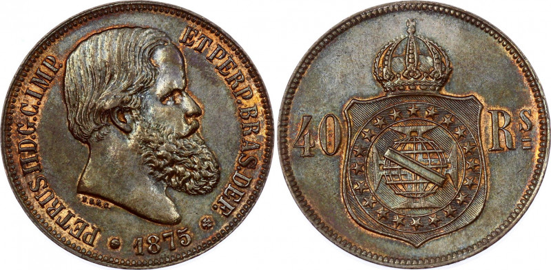 Brazil 40 Reis 1875
KM# 479; Pedro II; XF+ mint luster remains!