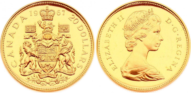 Canada 20 Dollars 1967 Specimen
KM# 71; Gold (.900) 18,27 g; Elizabeth II; Cent...