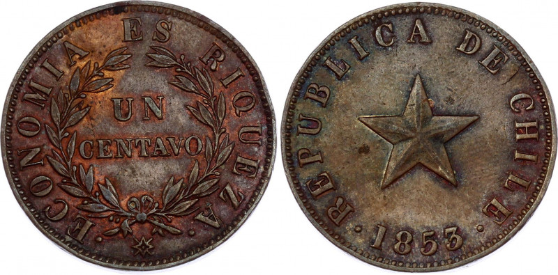 Chile 1 Centavo 1853
KM# 127; Coin rotation; XF+ mint luster remains