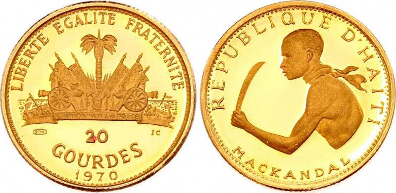 Haiti 20 Gourdes 1970 IC
KM# 66; Gold (.900) 3,95g.; 10th Anniversary of Revolu...