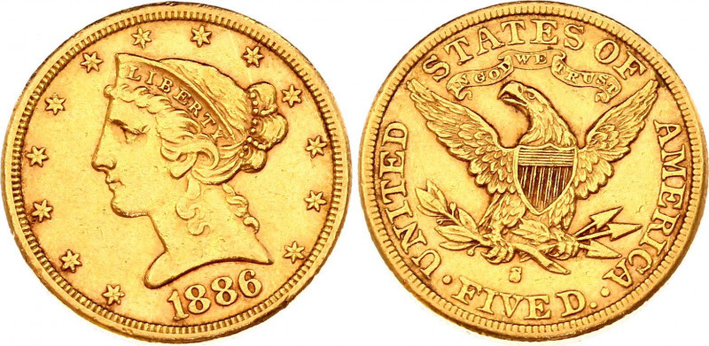 United States 5 Dollars 1886 S
KM# 101; Gold (.900) 8.35g 21.6mm; "Liberty / Co...