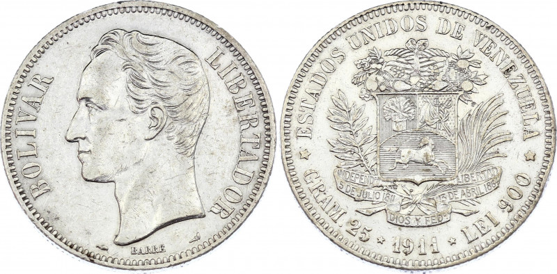 Venezuela 5 Bolivares 1911
Y# 24.2; Silver; XF