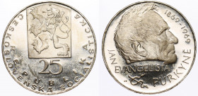 Czechoslovakia 25 Korun 1969 Proof
KM# 66; Silver, Proof; Mintage 5000; 100th Anniversary of Death of J. E. Purkyne