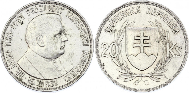 Slovakia 20 Korun 1939
KM# 3; Silver; Jozef Tiso - 1st Slovak President; UNC