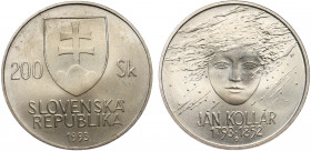 Slovakia 200 Korun 1993 MK
KM# 20; Silver; Mintage 35.000; 200th Anniversary - Birth of Jan Kollar; UNC