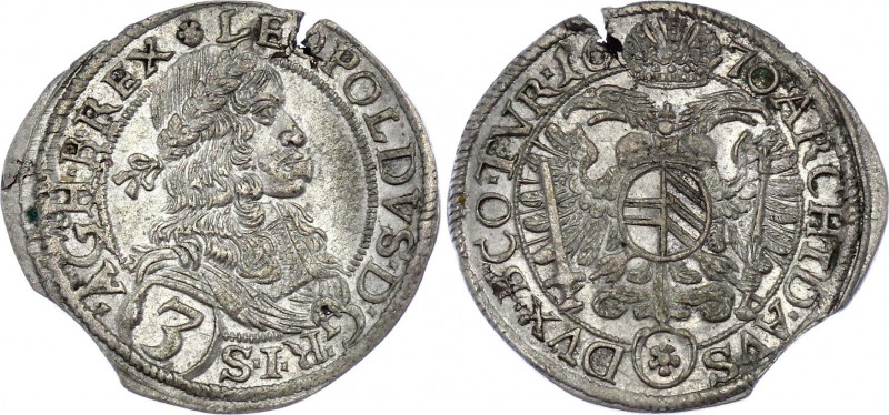 Austria 3 Kreuzer 1670 Error
KM# 1169; Silver; Vienna; Leopold I; Clipped Coin ...