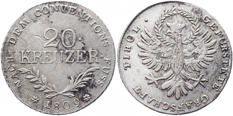 Austria Tirol 20 Kreuzer 1809 Hall
KM#148; Silver 6,50g.; Franz II; VF-XF