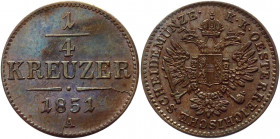 Austria 1/4 Kreuzer 1851 A
KM# 2180; Copper 1.36g.; Franz Joseph I; UNC