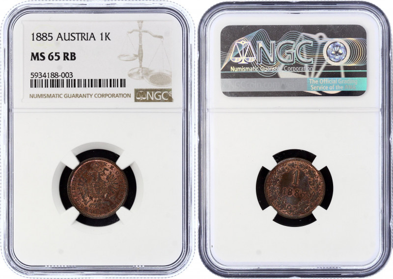 Austria 1 Kreuzer 1885 NGC 65 RB
KM# 2187; Franz Joseph I; With Full Mint Luste...