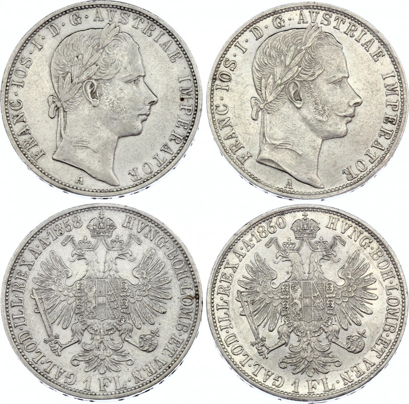 Austria 2 x 1 Florin 1858 & 1860 A
KM# 2219; Silver; Franz Joseph I