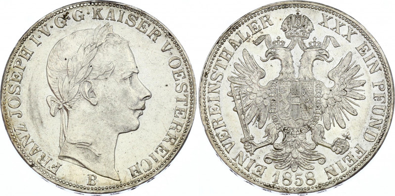 Austria 1 Vereinsthaler 1858 B
KM# 2244; Silver; Franz Joseph I; aUNC with hair...