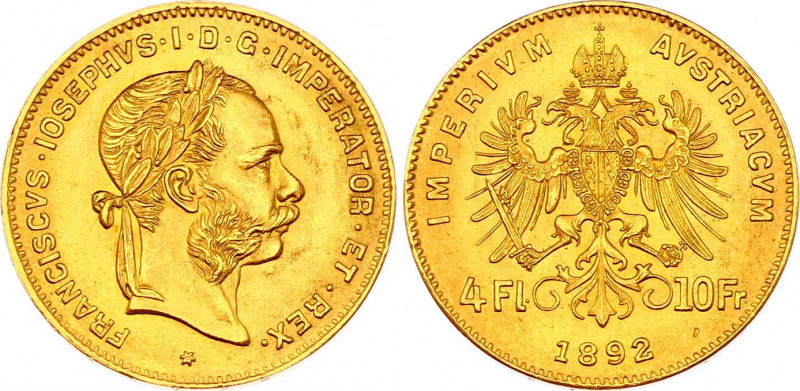 Austria 4 Forint - 10 Francs 1892
KM# 2260; Gold (.900) 3,23g.; Restrike; Franz...
