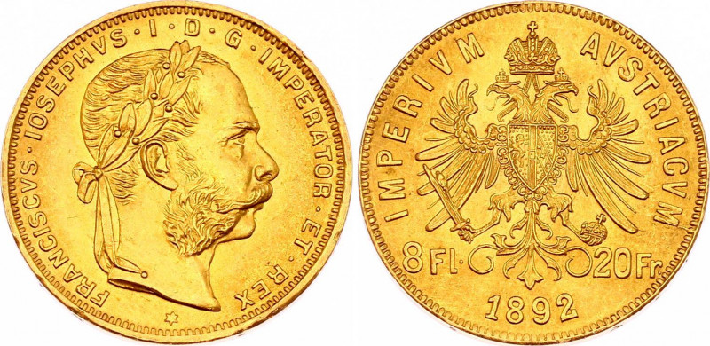 Austria 8 Forint - 20 Francs 1892
KM# 2269; Gold (.900) 6,45g.; Restrike; Franz...