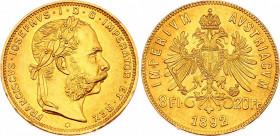 Austria 8 Forint - 20 Francs 1892
KM# 2269; Gold (.900) 6,45g.; Restrike; Franz Joseph I; UNC