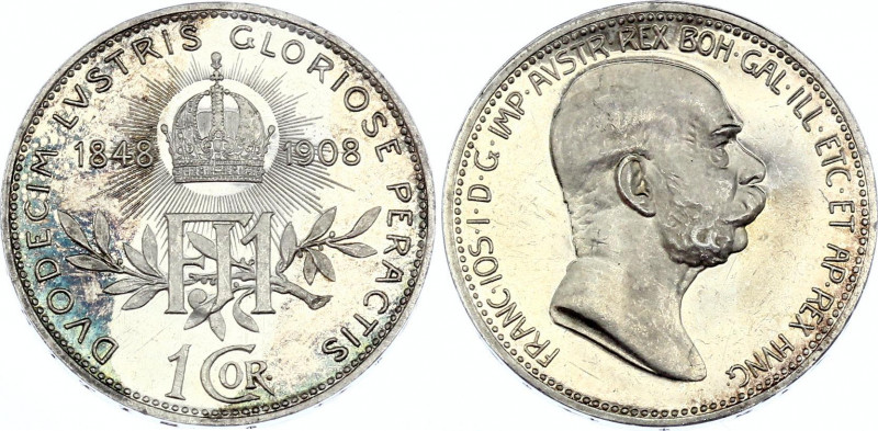 Austria 1 Corona 1908
KM# 2808; Silver, Proof / Prooflike; Franz Joseph I; 60th...