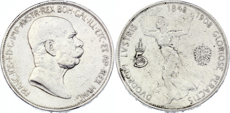 Austria 5 Corona 1908
KM# 2809; Silver; Franz Joseph I; 60th Anniversary of the...