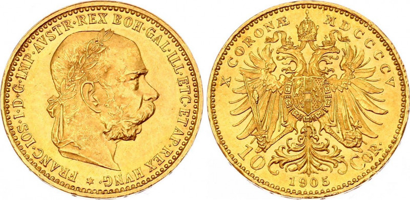 Austria 10 Corona 1905
KM# 2805; Gold (.900) 3.38g 19mm; Franz Joseph I; UNC wi...