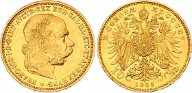 Austria 10 Corona 1905
KM# 2805; Gold (.900) 3.38g 19mm; Franz Joseph I; UNC with Full Mint Luster!