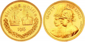Austria "Gott mit Uns" Gold Medal 1915
Wurzbach 2766; Gold (.900) 7.92g.; by R. Neuberger; Wilhlem II & Franz Josef I; On the military alliance of Au...