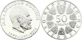 Austria 50 Schillings 1973
KM# 2917; Silver; 100th Anniversary - Birth of Dr. Theodor Korner, President; Proof