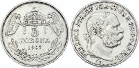 Hungary 5 Korona 1907 KB
KM# 488; Silver; Franz Joseph I; XF-