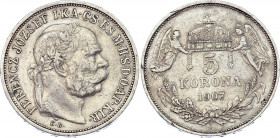 Hungary 5 Korona 1907 KB
KM# 488; Silver; Franz Joseph I; Mint: Kremnitz; VF-XF