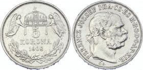 Hungary 5 Korona 1908 KB
KM# 488; Silver; Franz Joseph I; XF