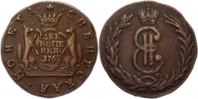 Russia - Siberia 2 Kopeks 1768 КМ
Bit# 1100; Copper 12,28 g.; Suzun mint; Edge ...