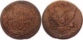 Russia 5 Kopeks 1763 СПМ
Bit# 564; 0,5 Rouble by Petrov; Copper 44,71g.; Saint-Petersburgh mint; Netted edge; Coin from an old collection; Cabinet pa...
