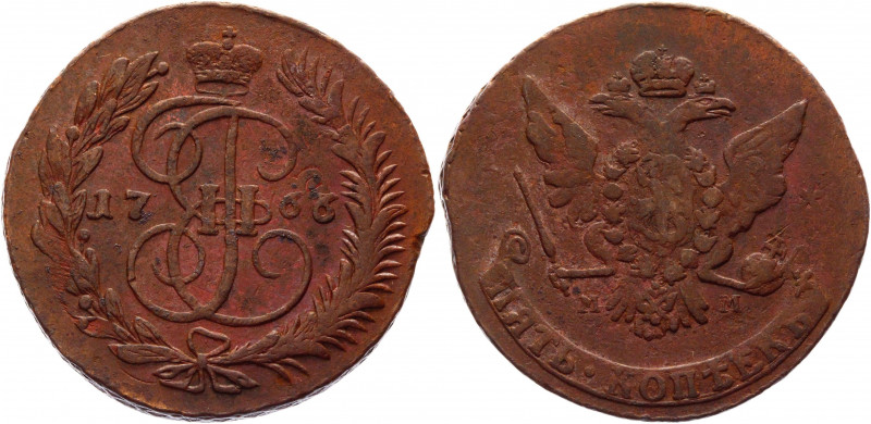 Russia 5 Kopeks 1766 ММ Overstruck
Bit# 524; 2 Rouble by Petrov; Copper 40,56g....