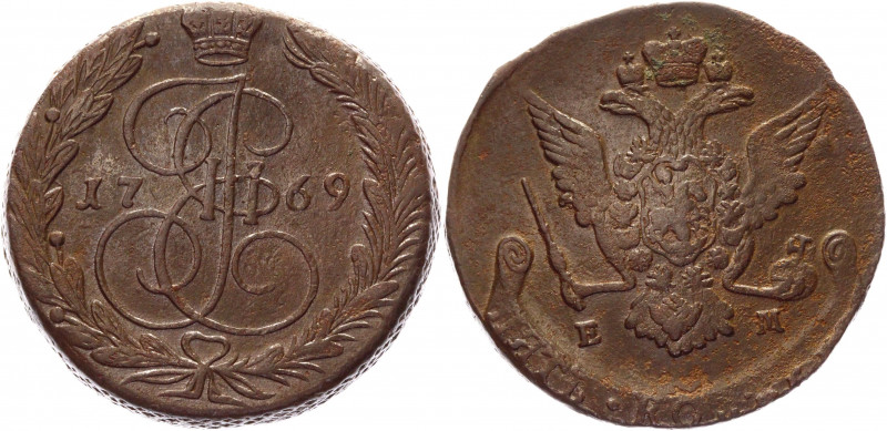 Russia 5 Kopeks 1769 EM
Bit# 617; Conros# 180/21; Copper 57,41g.; Catherine II;...