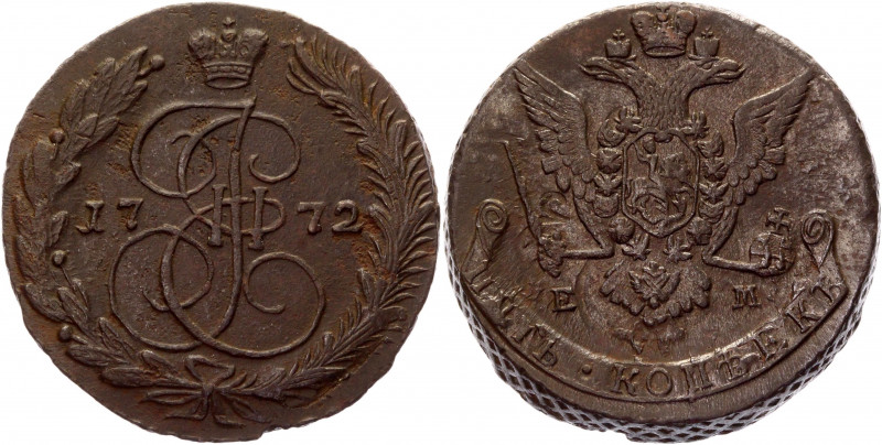 Russia 5 Kopeks 1772 EM
Bit# 621; Conros# 180/24; Copper 47,07g.; Catherine II;...