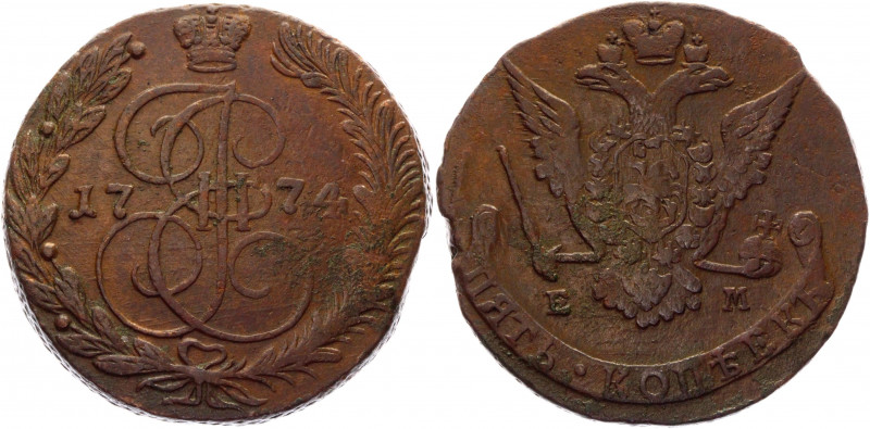 Russia 5 Kopeks 1774 EM
Bit# 623a; Conros# 180/26; Copper 49,07g.; Catherine II...