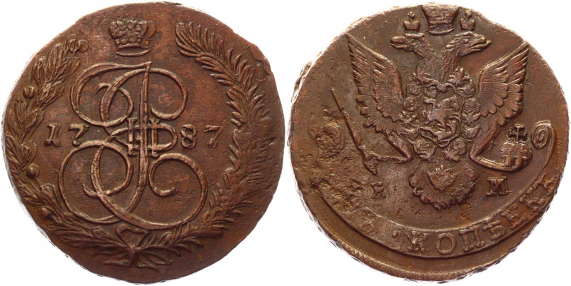 Russia 5 Kopeks 1787 EM
Bit# 638; Conros# 180/49; Copper 44,34g.; Catherine II;...