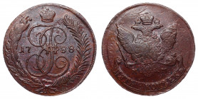 Russia 5 Kopeks 1788 MM
Bit# 528; Copper 50.59g; 1 Rouble by Petrov; Overstruck on 10 Kopeks 1762