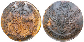 Russia 5 Kopeks 1788 ЕМ RNGA MS63 RB
Bit# 642; Copper; Mint luster
