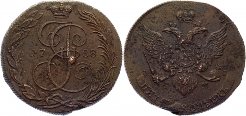 Russia 5 Kopeks 1788 КМ R
Bit# 797 R; 35 Roubles by Petrov; Copper 56,75 g.; Su...
