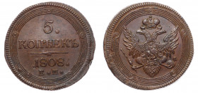 Russia 5 Kopeks 1808 EM RR
Bit# 296 (R1); Copper 52.92g; Large Crown