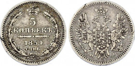 Russia 5 Kopeks 1854 СПБ HI
Bit# 413; Silver 1.00 g.