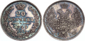 Russia 20 Kopeks 1849 СПБ ПА PROOF RNGA PR62
Bit# 336, St. George in cloak. Silver, UNC, PROOF! Very rare in this quality. Amazing green-blue patina ...