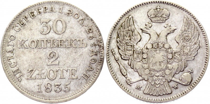 Russia - Poland 30 Kopeks - 2 Zlotych 1835 MW
Bit# 1152; Silver 6,1g.; XF-