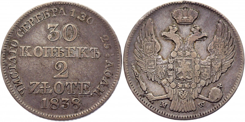 Russia - Poland 30 Kopeks - 2 Zlotych 1838 MW
Bit# 1156; Conros# 473/5; Silver ...