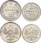 Russia 10 & 15 Kopeks 1870 СПБ HI & 1904 СПБ АР
Bit# 156,238; Silver