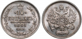 Russia 10 Kopeks 1861 СПБ 
Bit# 292; Silver; Mint Paris; UNC