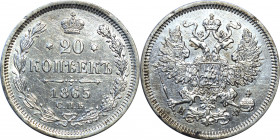 Russia 20 Kopeks 1865 СПБ НФ
Bit# 178; Silver 4,02g.