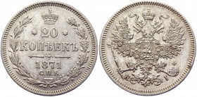 Russia 20 Kopeks 1871 СПБ НI
Bit# 219; Conros# 146/45; Silver 3,48g.; Alexander II; AUNC