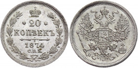 Russia 20 Kopeks 1874 СПБ НI Special Edge
Bit# 225; Silver 3,57 g.; UNC