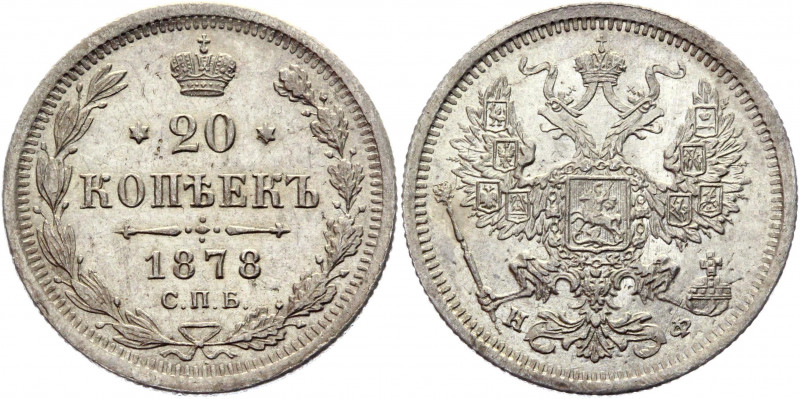 Russia 20 Kopeks 1878 СПБ НФ
Bit# 231; Silver 3,44 g.; UNC