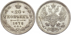 Russia 20 Kopeks 1878 СПБ НФ
Bit# 231; Silver 3,44 g.; UNC