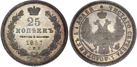 Russia 25 Kopeks 1857 СПБ ФБ
Bit# 55; Silver 5.08g; UNC with Amazing Toning, Minor hairlines